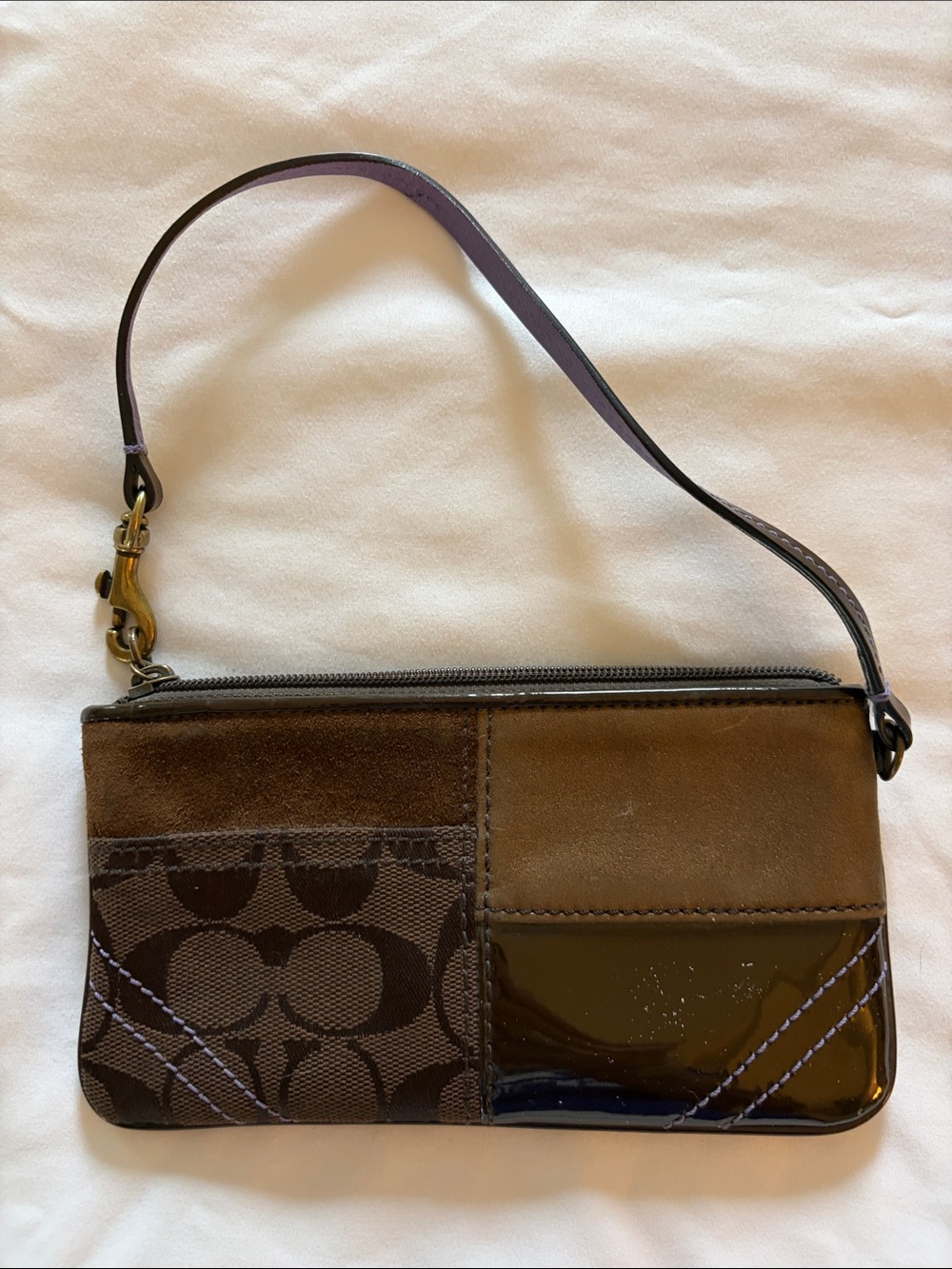 Coach Brown Patchwork Wristlet Clutch with Patent Accent